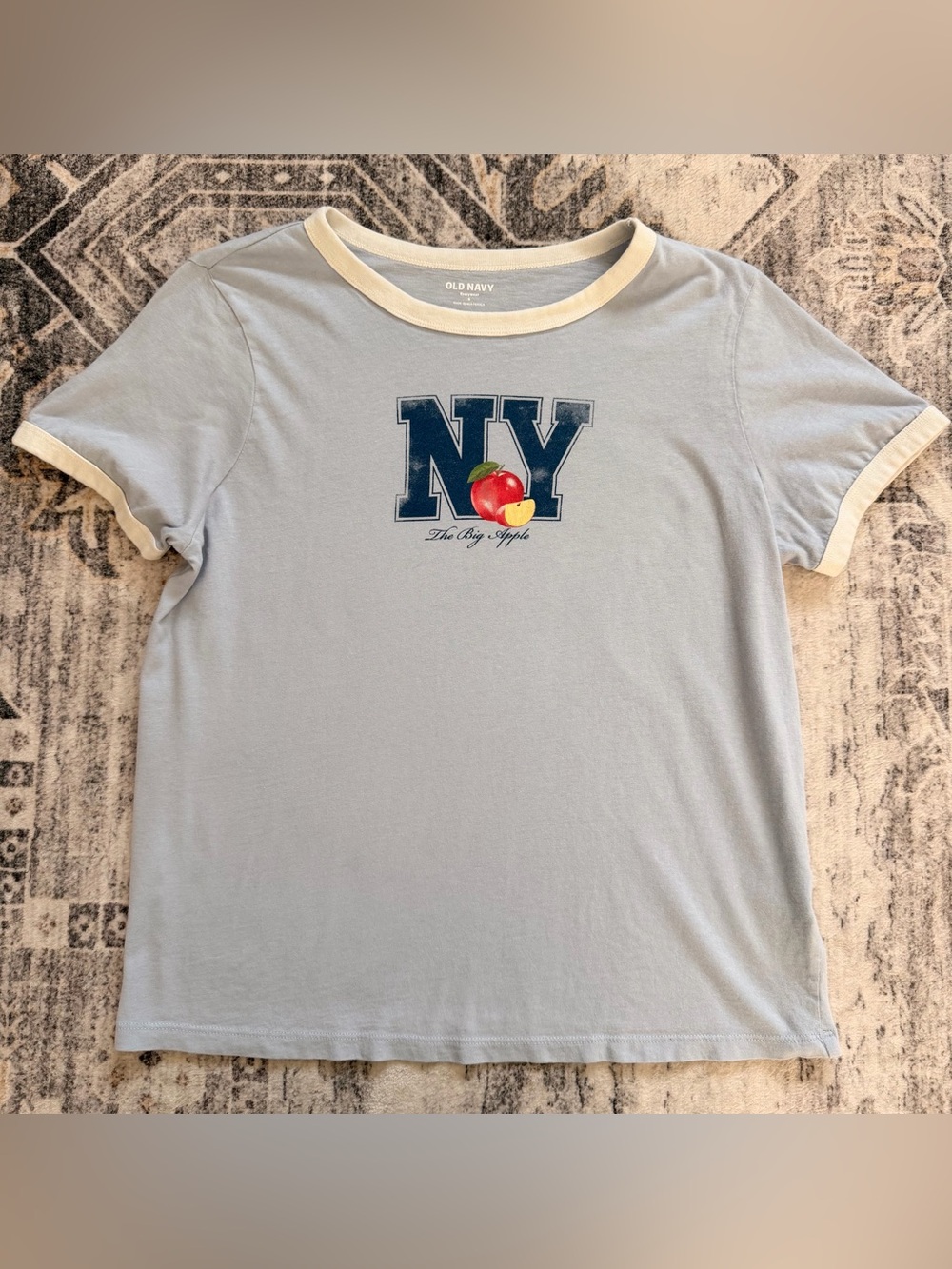 Old Navy Light Blue Ringer Tee with Navy NY and Red Apple Graphic Girl’s